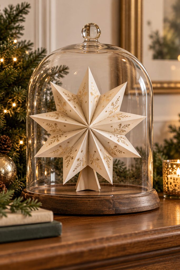 Faceted cream paper star displayed upright beneath a clear glass cloche.
