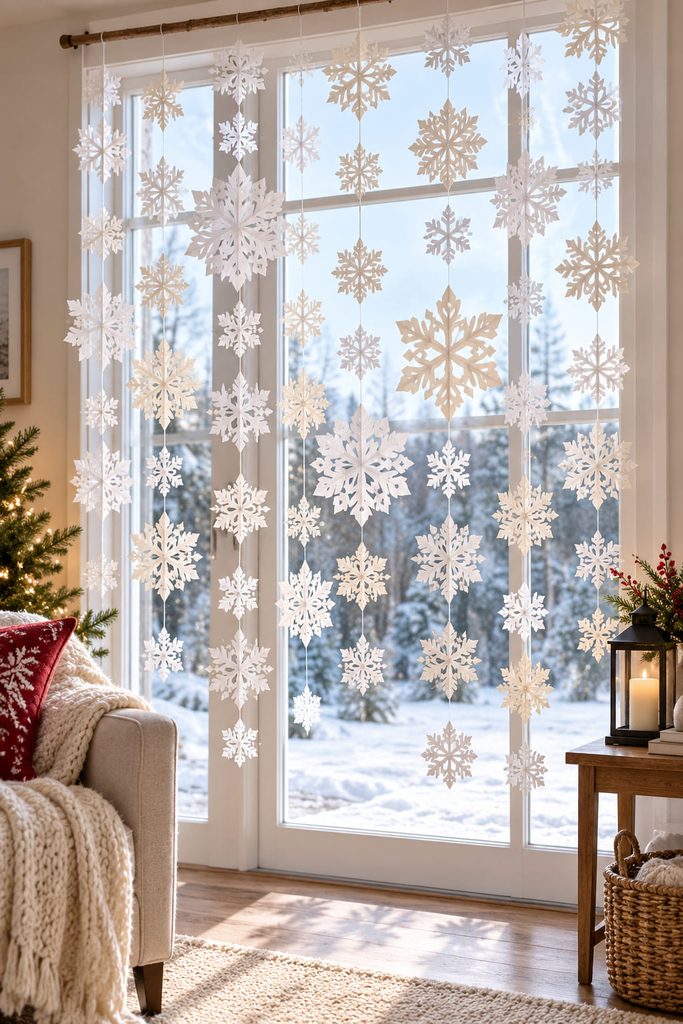 Hand-cut paper snowflakes hanging in staggered strands across a tall bright window.