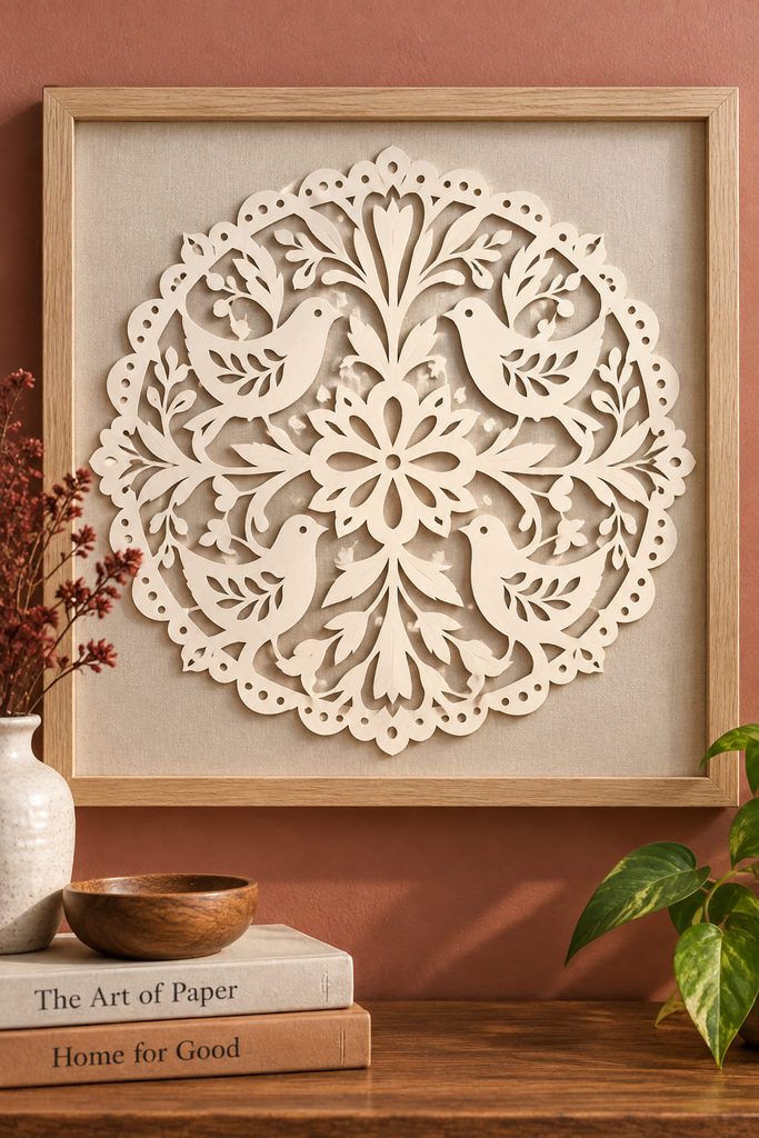 Ivory fold-cut folk medallion with mirrored birds, leaves, and lace-like openings in a pale wood frame.