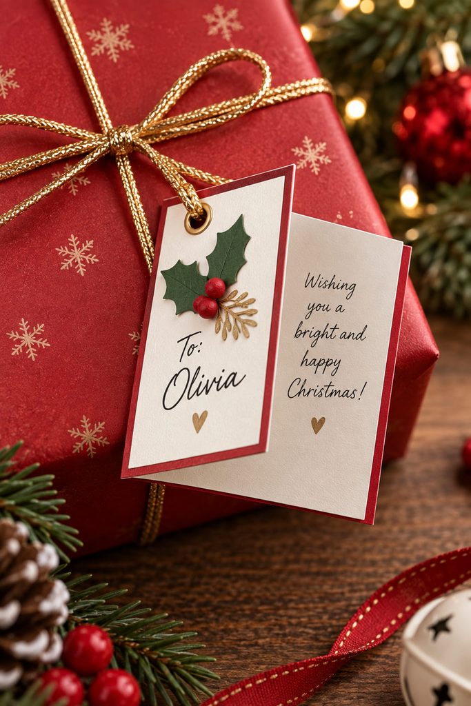 Fold-open mini card tag tied to a red Christmas present with gold cord.
