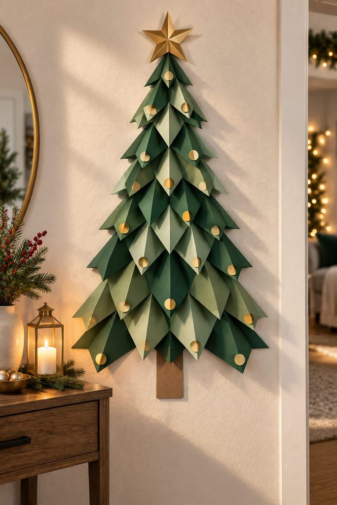 Folded cardstock diamond modules forming a dimensional Christmas tree relief with crisp side shadows.