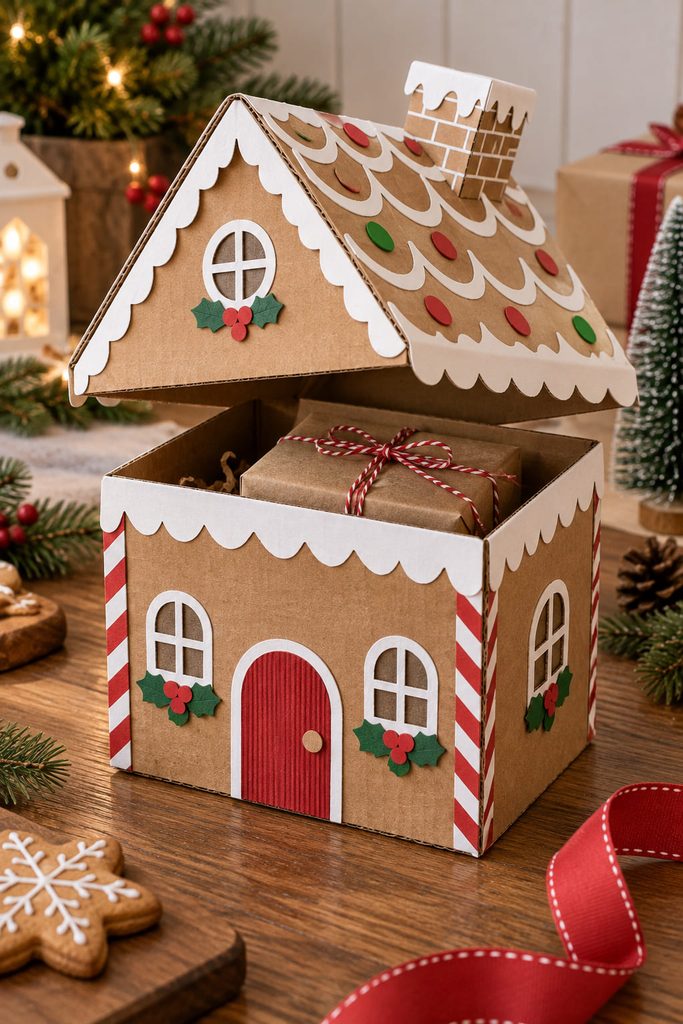 Cardboard gingerbread house gift box with a removable roof lid and kraft-board walls.