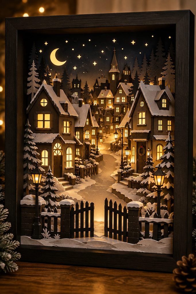 Layered paper Christmas village shadow box with glowing vellum windows and snowy streets.