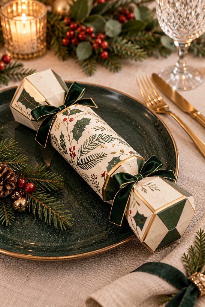Hexagonal cardstock Christmas cracker with flat facets beside a dark dinner plate.