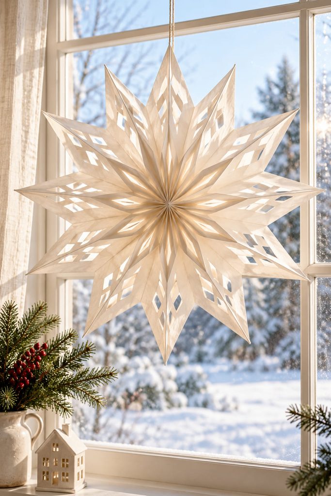 Lace-cut white paper bag star hanging in a bright holiday window.