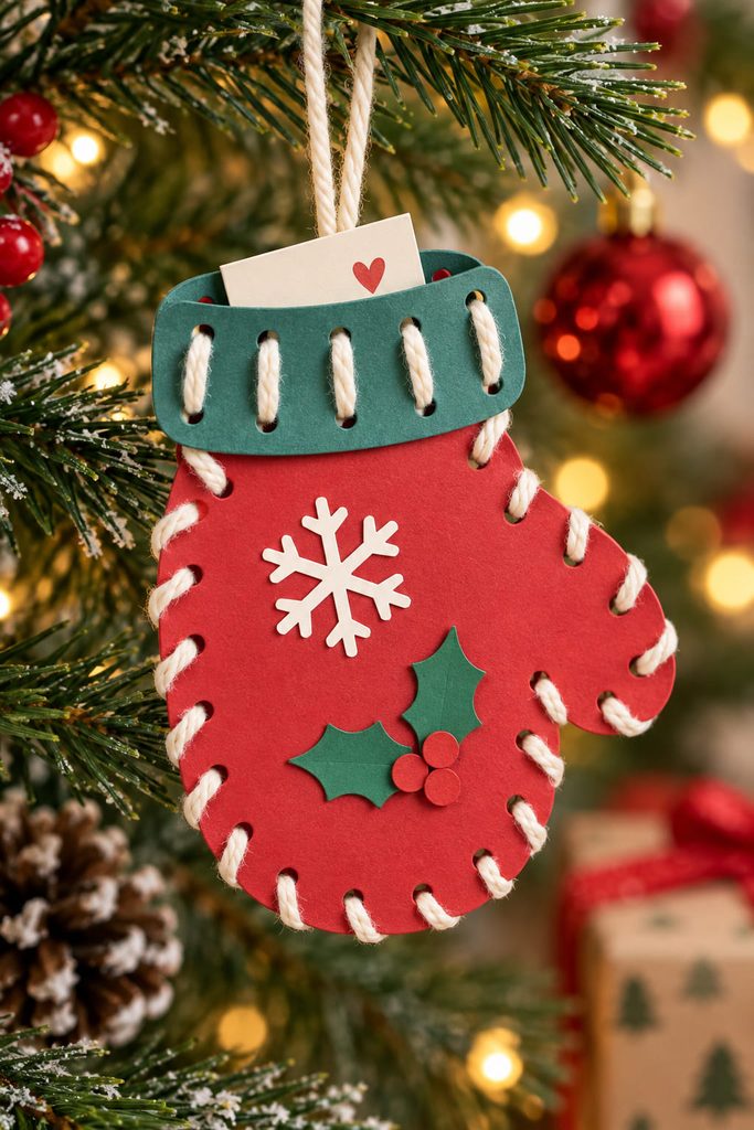 Red and teal construction-paper mitten ornament with cream lacing and an open note pocket.