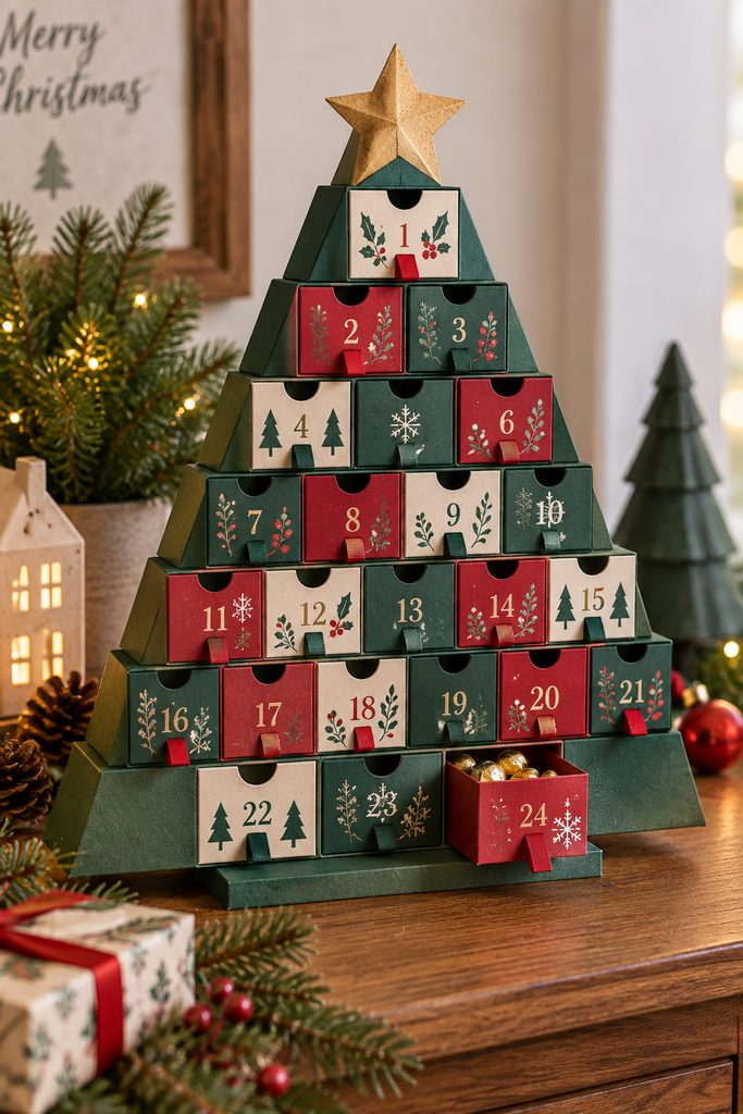Cardstock Christmas tree advent calendar built from small sliding matchbox-style drawers.