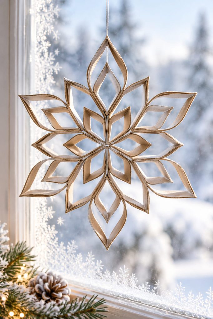 Geometric cardboard-tube snowflake with nested diamond shapes hanging in a bright winter window.