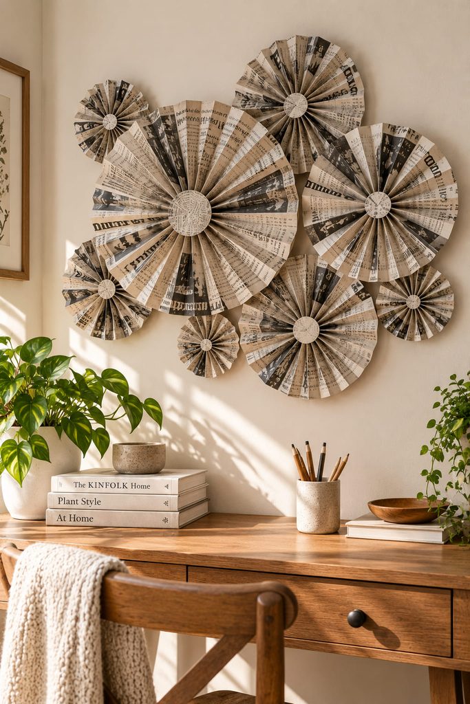 Accordion-fold newspaper rosettes arranged as an asymmetrical wall cluster above a desk.
