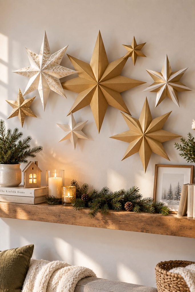 Offset paper star tiles in several sizes arranged along a holiday wall ledge.