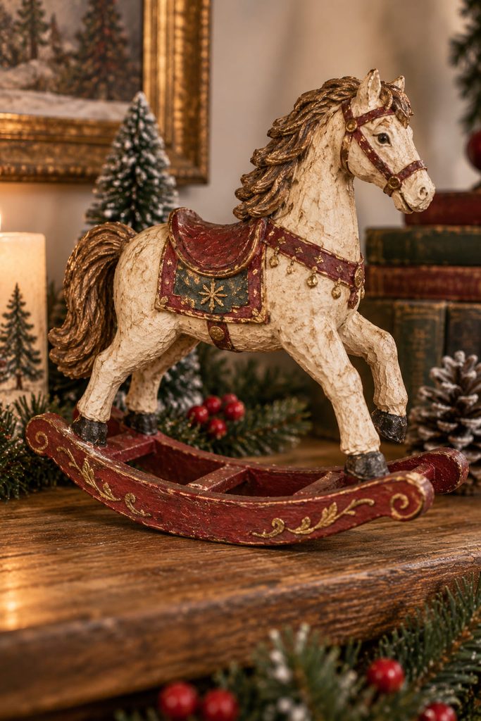 Vintage paper-mache rocking horse figurine with curved runners, muted saddle, and softly aged painted surface.