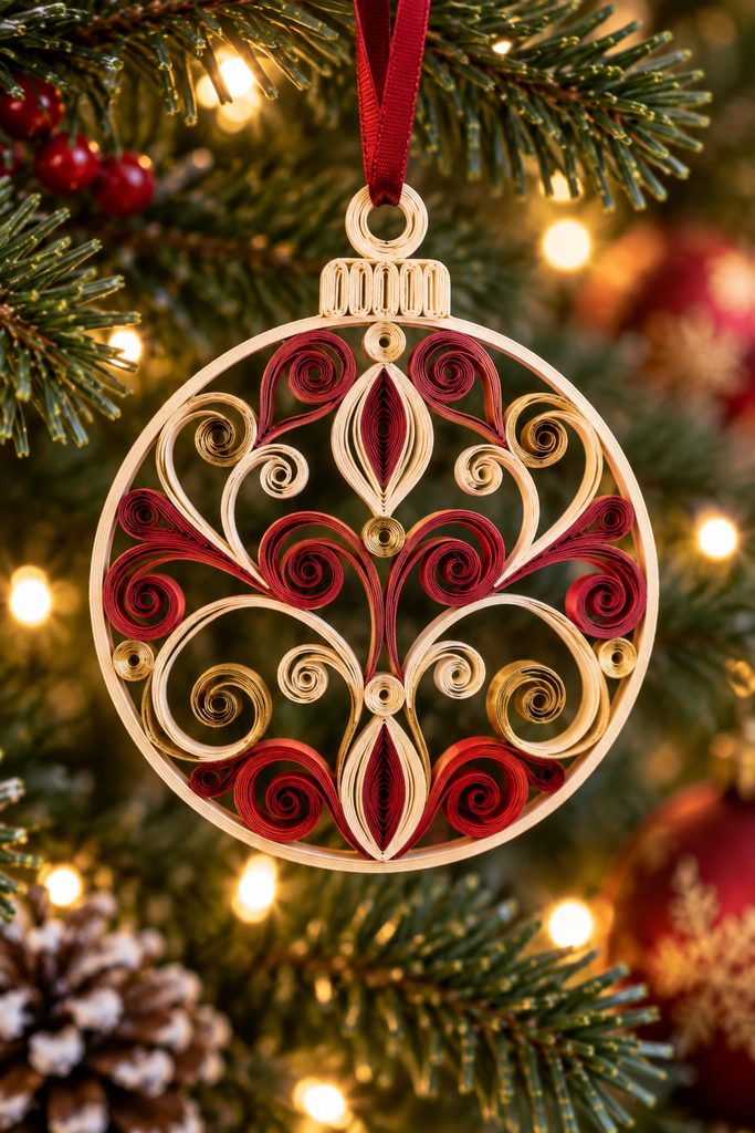 Openwork round quilled bauble with burgundy and gold paper scrolls hanging against evergreen.