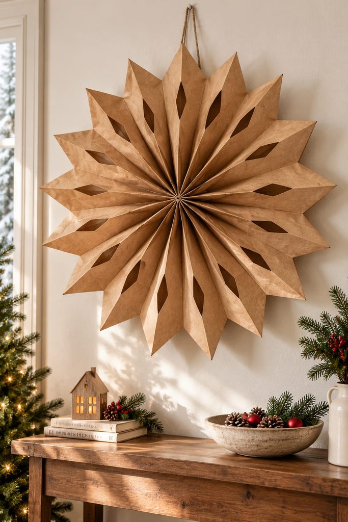 Oversized kraft paper bag starburst hanging on a pale Christmas wall.