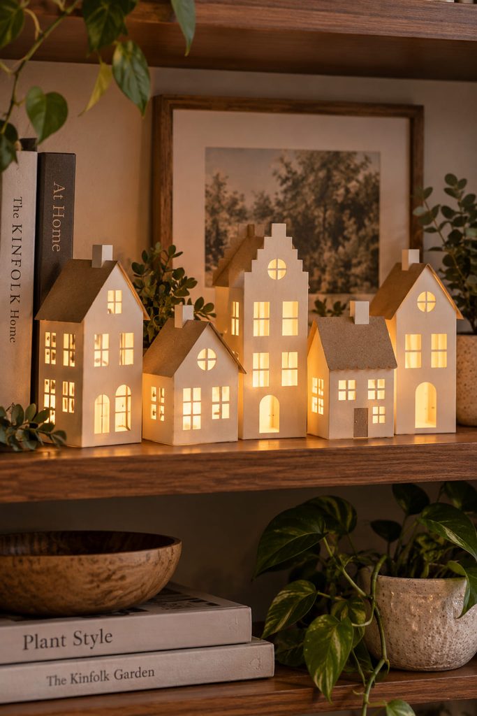 Handmade paper house lantern village with glowing vellum windows on a bookshelf.