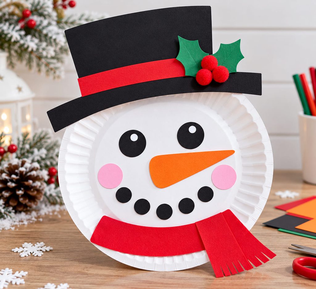 Paper plate snowman face with carrot nose and winter hat