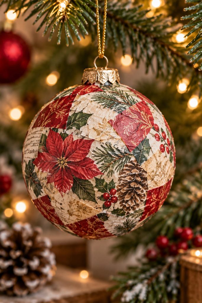 Round papier-mâché Christmas bauble covered with overlapping red, cream, and botanical paper patches.