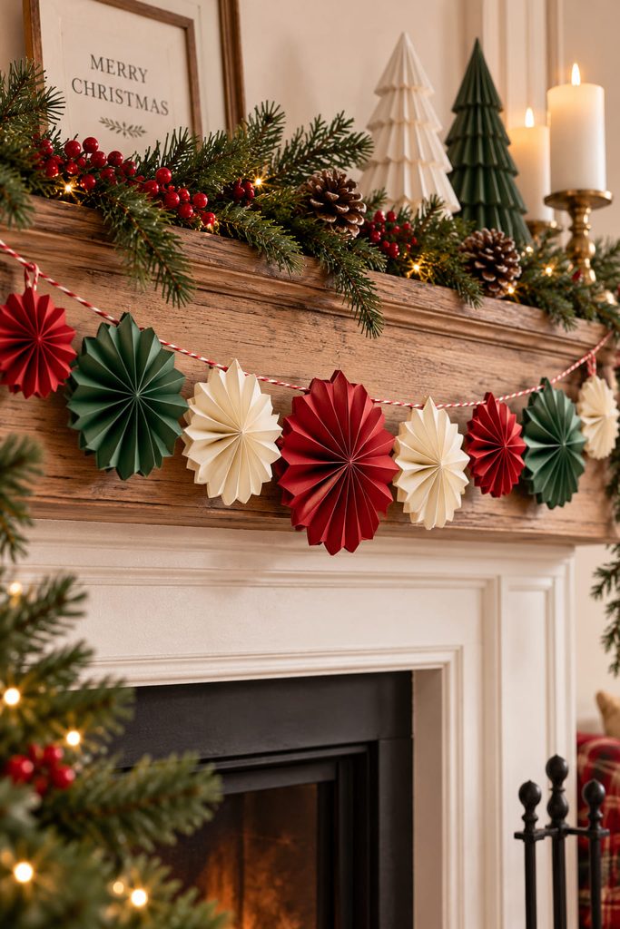 Pleated paper starburst garland with crisp accordion folds across a Christmas mantel.