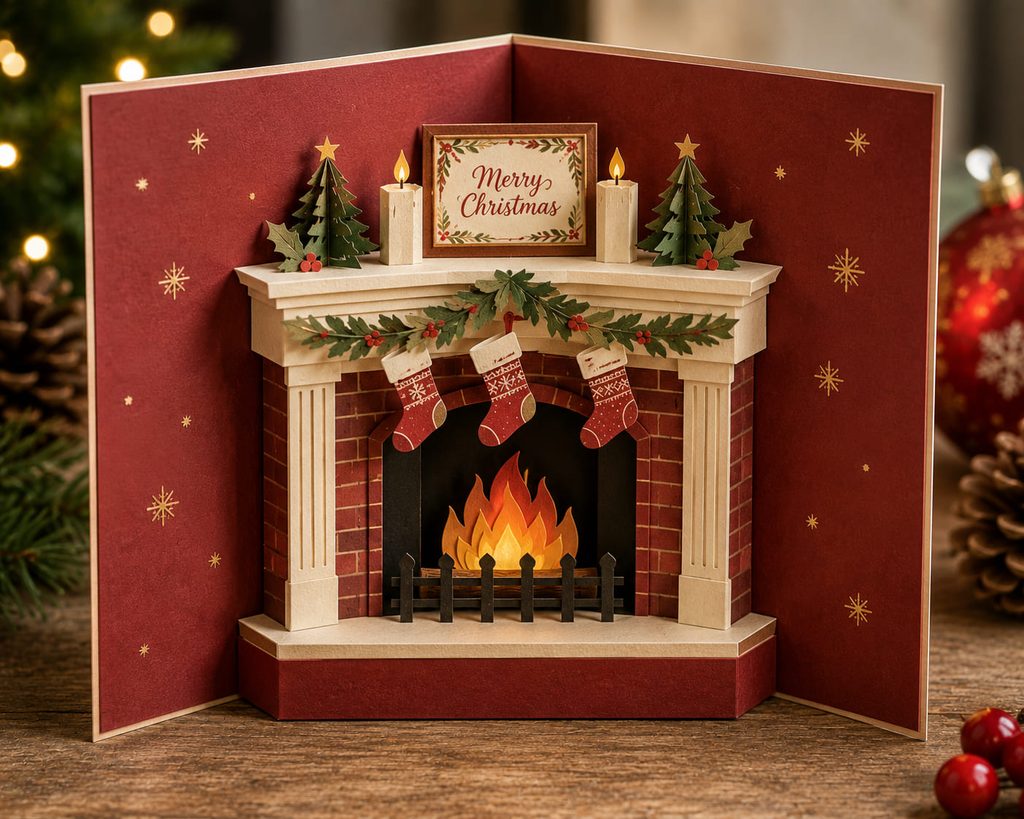 Open red Christmas card with a dimensional paper fireplace, cream mantel, and tiny hanging stockings.