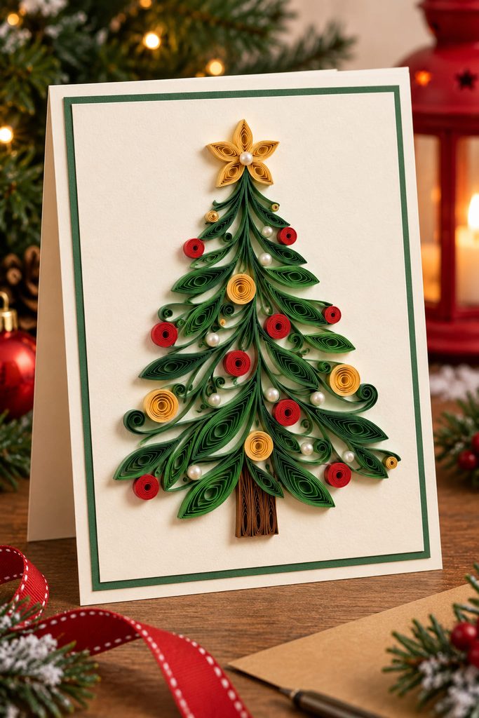 Cream Christmas card with a green quilled tree made from open teardrop branches and tiny coil ornaments.
