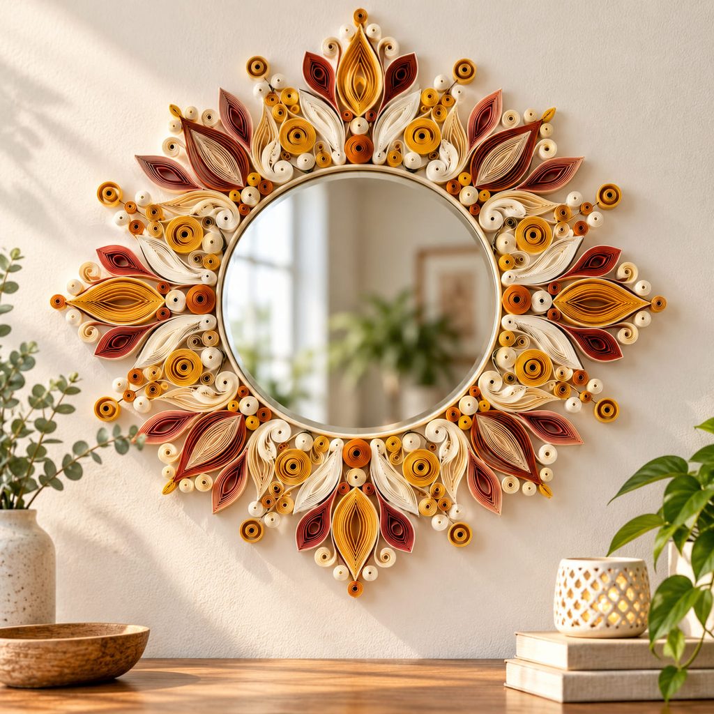 Round mirror surrounded by a radial handmade quilled paper sunburst border.