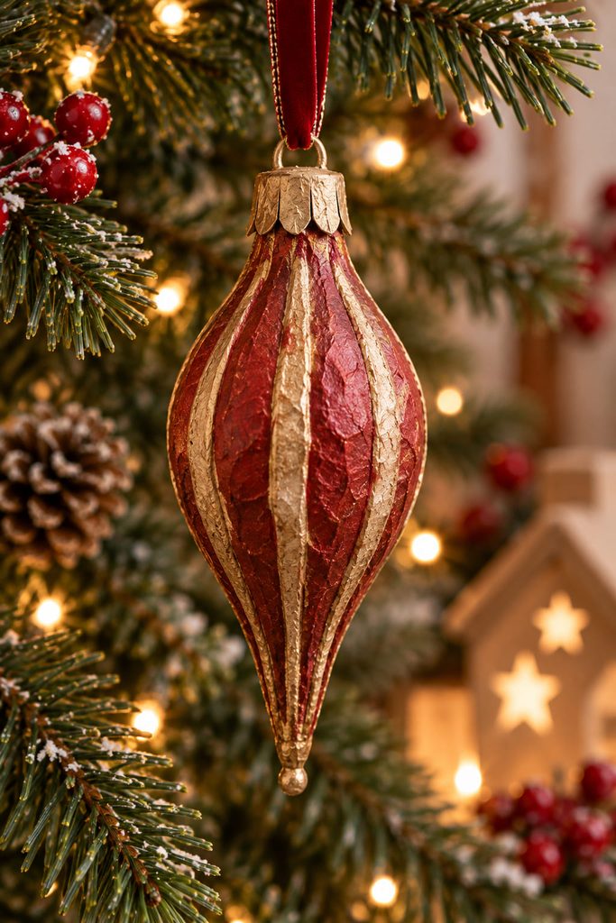 Long ribbed paper-mache teardrop finial with an antique-gold dry-brushed finish.