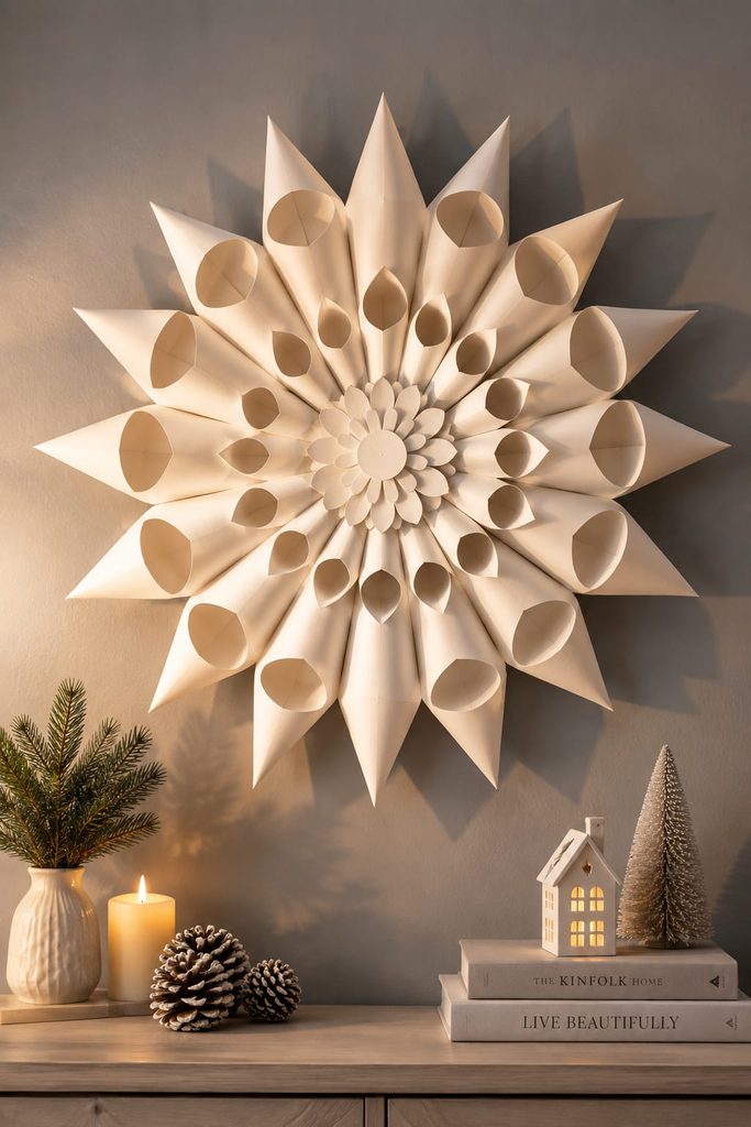 Large rolled paper cone snowflake medallion displayed on a winter wall.