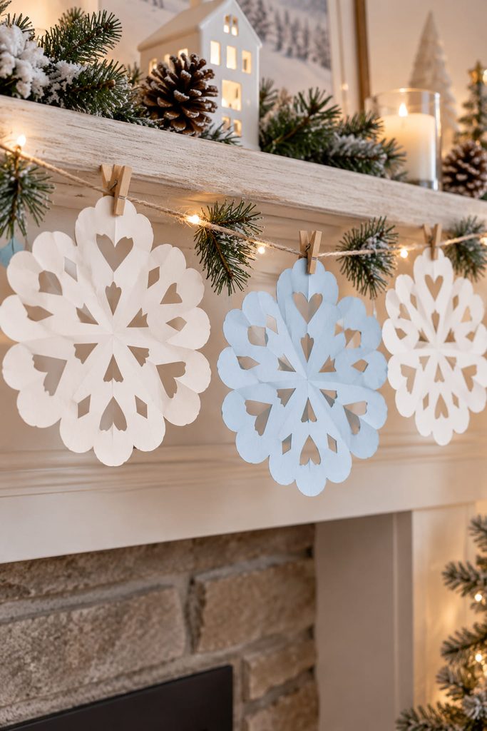 Rounded scallop paper snowflakes hanging along a simple winter garland.