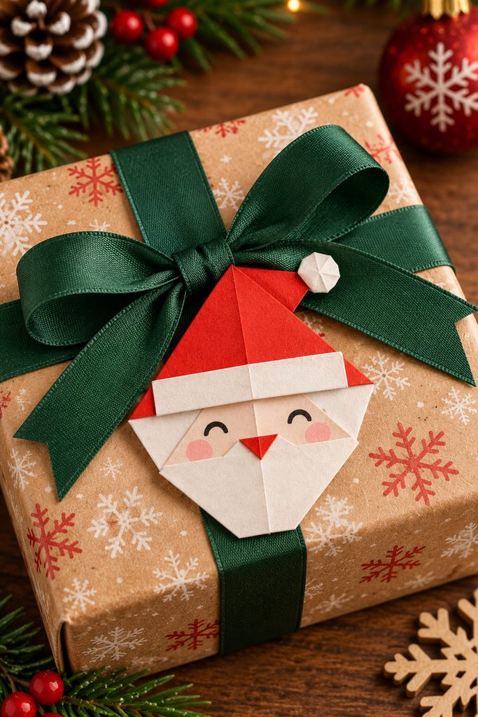 Flat folded Santa face used as a paper gift topper beneath green ribbon.