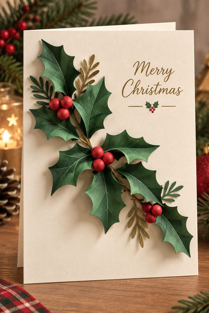 Curved green paper holly leaves and raised red berries forming a dimensional branch on an ivory Christmas card.