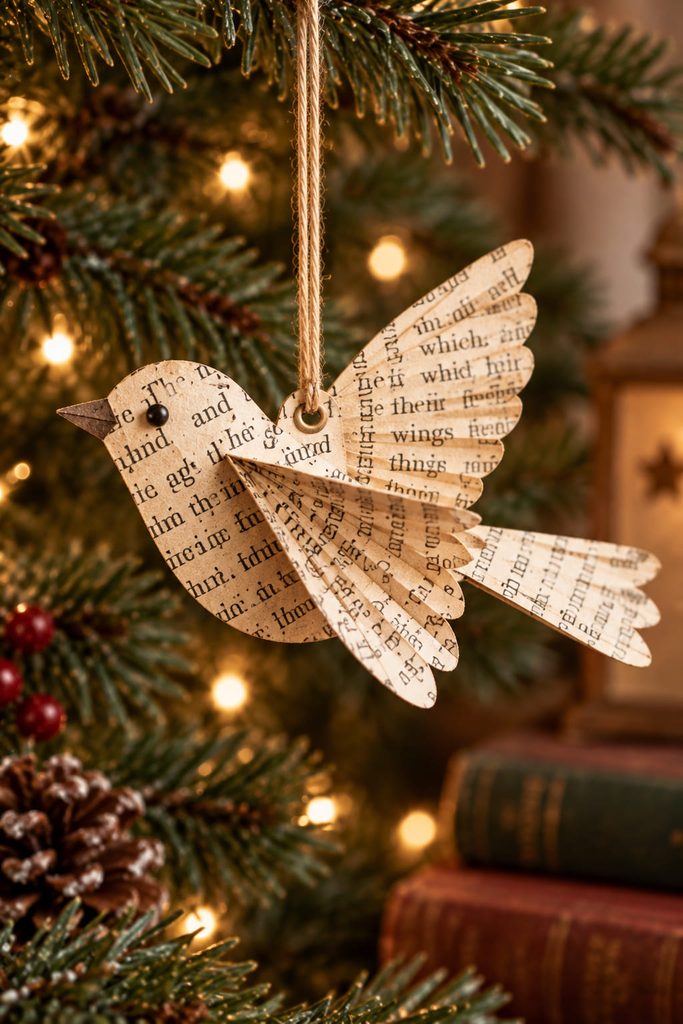 Slot-fit book-page bird ornament with crossed printed-paper wings hanging from a fir branch.