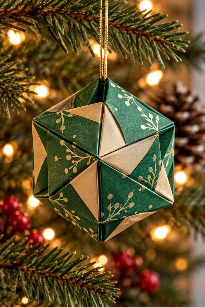 Deep green Sonobe cube ornament with interlocking folded corners hanging among warm Christmas tree lights.