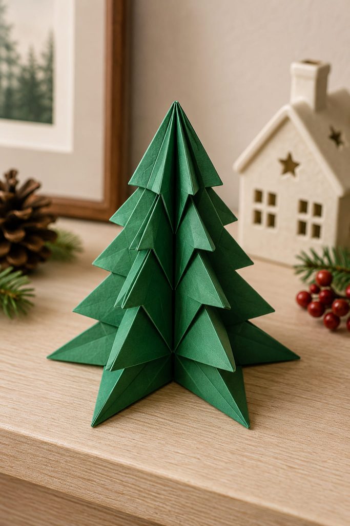 Small squash-fold origami Christmas tree standing on an open folded base.