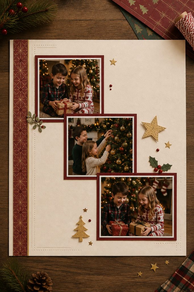 Three Christmas photos arranged in a staggered stair-step on an ivory scrapbook page.
