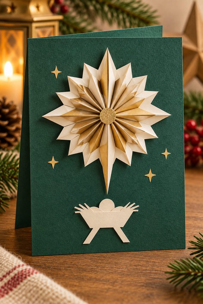 Accordion-folded Star of Bethlehem rosette on a deep-green handmade Christmas card.