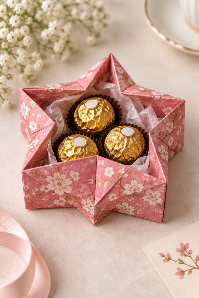 Shallow folded paper star box holding three wrapped truffles.