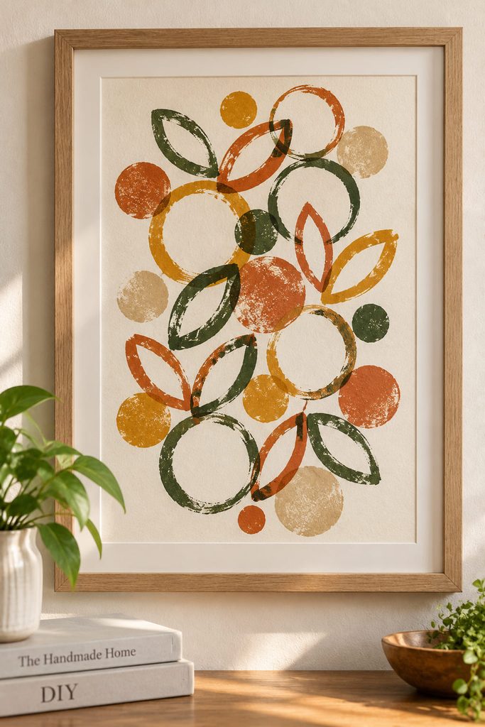Abstract framed print made with circular and pinched cardboard tube stamps.