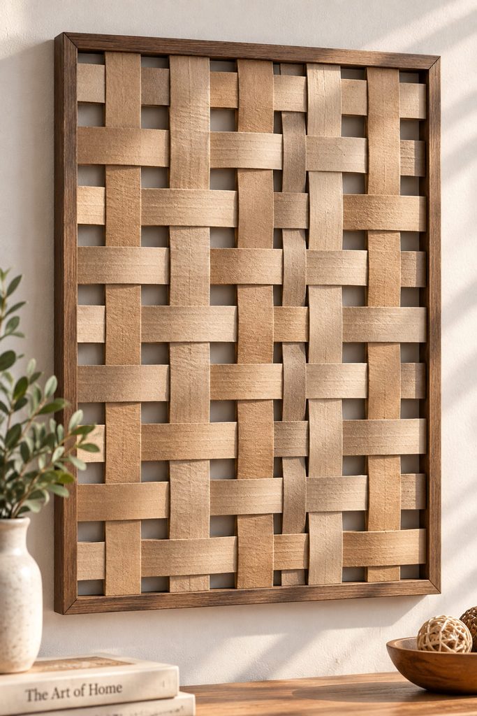 Long cardboard strips woven over and under inside a slim frame to create recycled wall decor.