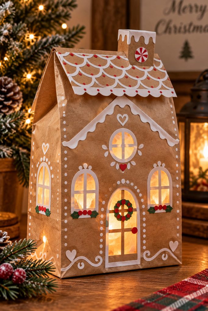 Kraft paper bag gingerbread luminary glowing through vellum-backed windows with a folded roof cap.