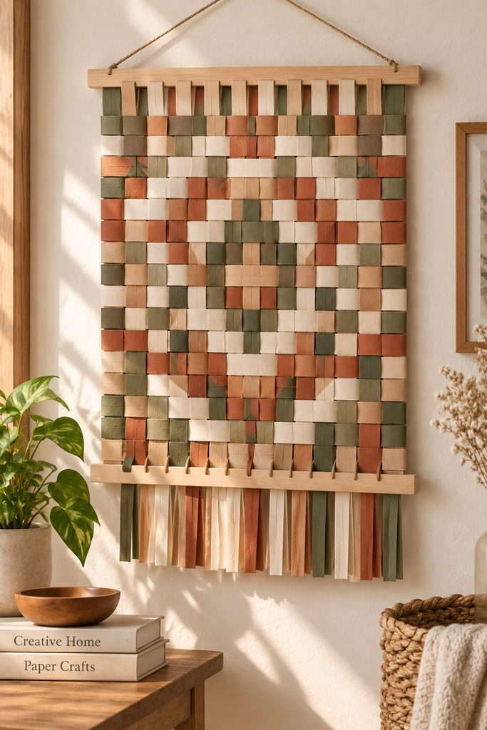 Handwoven paper strip wall tapestry with a visible over-under pattern.