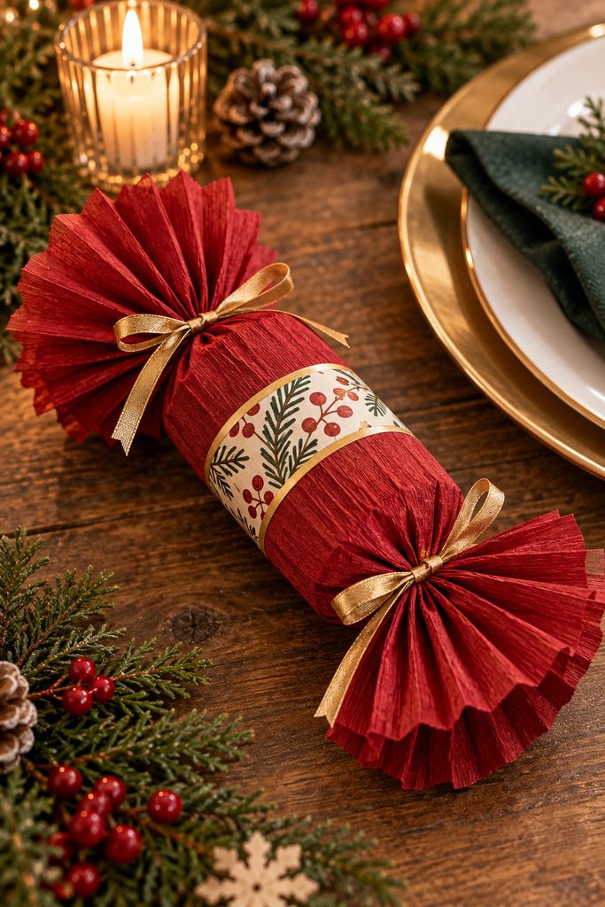 Red crepe-paper cracker with accordion-folded collars and soft fan-shaped ends.