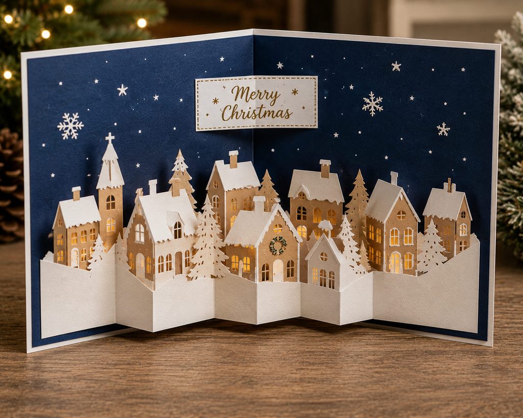 Accordion paper village expanding across an open navy Christmas card with snowy roofs and chimneys.
