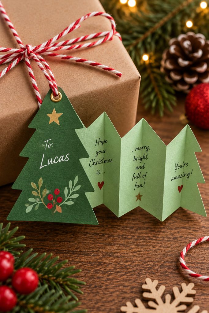 Accordion-fold Christmas tree tag opened across a wrapped holiday gift.