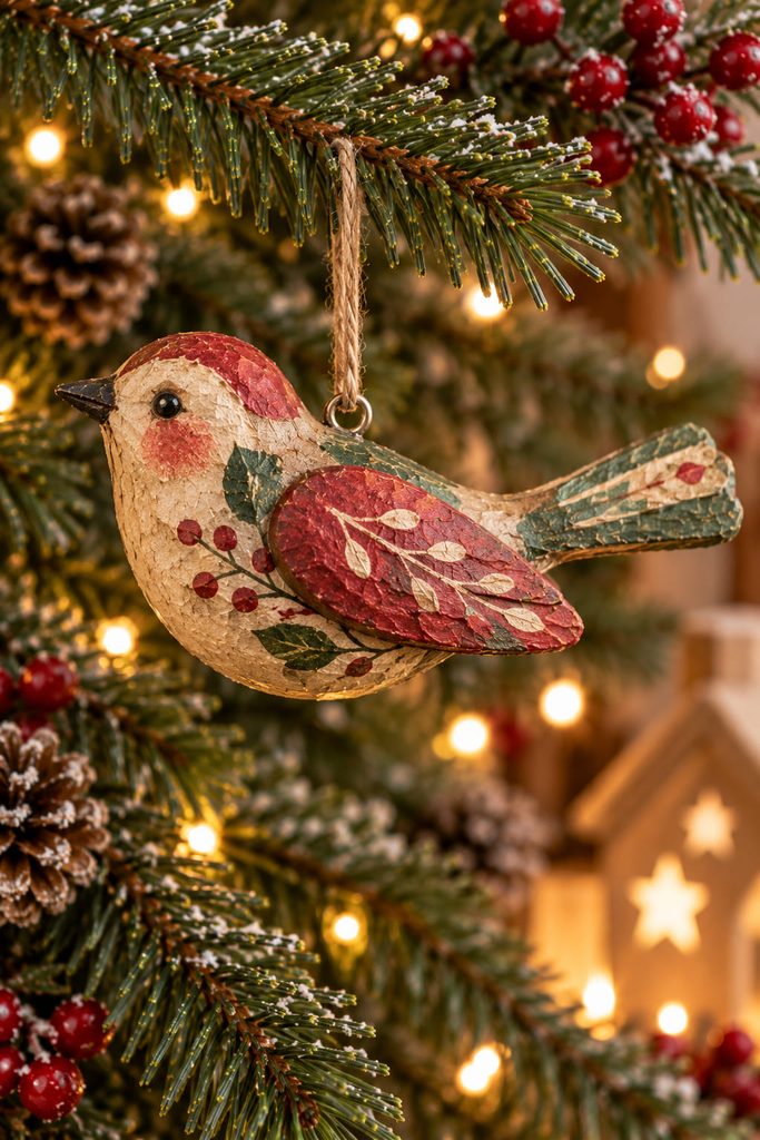 Handmade paper-mache folk bird hanging level from a reinforced attachment on its back.