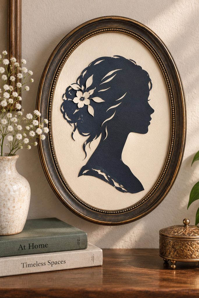 Dark navy cameo-style paper profile mounted on a warm ivory oval backing in a narrow frame.