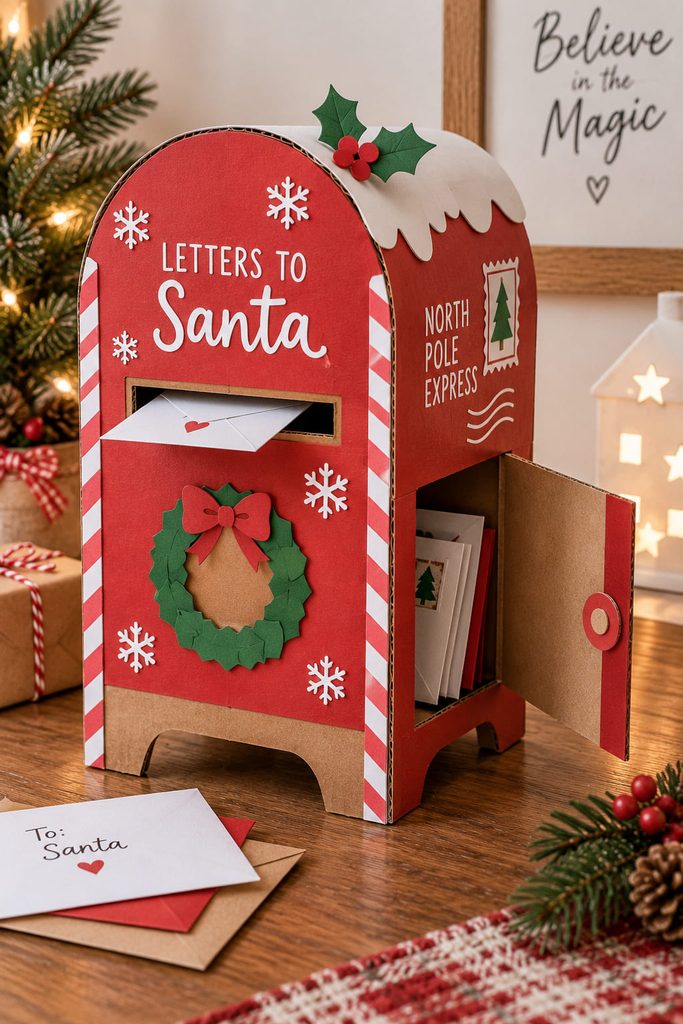 Small Christmas mailbox made from a cardboard box with a posting slot and rear retrieval door.