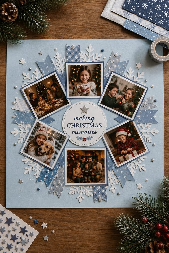 Five small Christmas photos arranged in a circular orbit around open space on a winter scrapbook page.