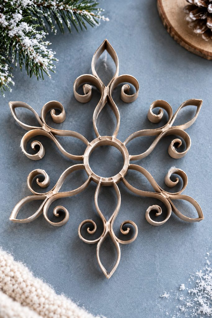 Openwork cardboard snowflake made from curled tube strips arranged as delicate paired scrolls.