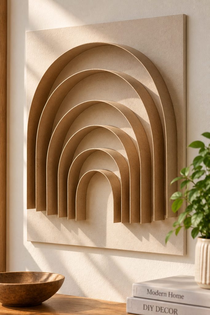 Monochrome wall sculpture built from curved half-tube cardboard ribs.