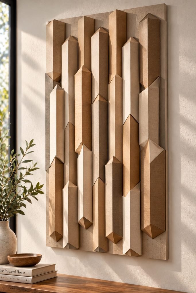 Long cardboard tubes folded into faceted prisms and arranged as a geometric wall relief.