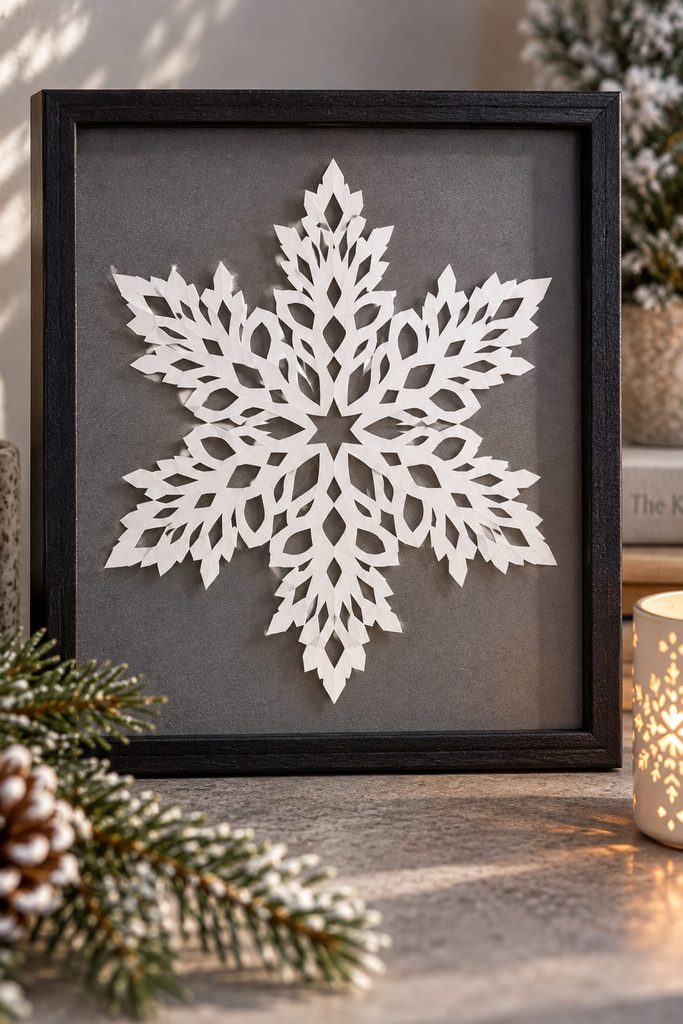 Fine lace paper snowflake with staggered micro-notches displayed in a slim black frame.